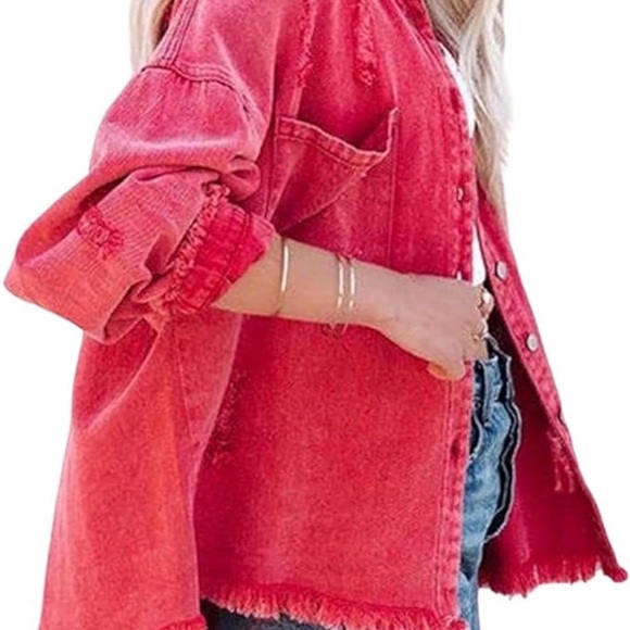 Casual Oversized Distressed Pink Denim Jacket - Picture 4 of 5